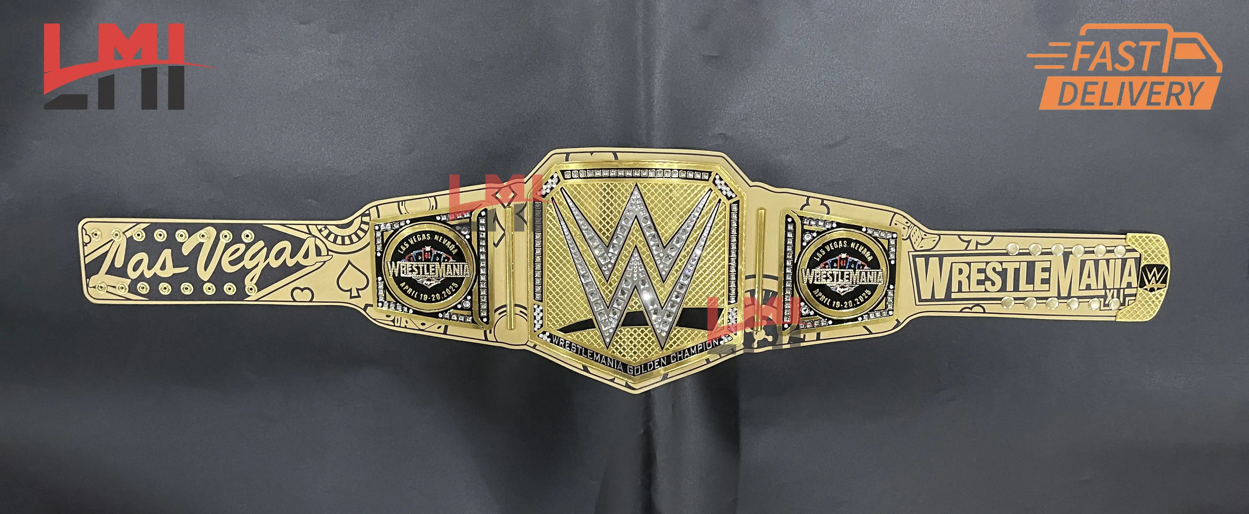 WrestleMania 41 Golden Championship Belt Las Vegas WWE Replica Title 2mm/6mm Diecast - LMI Championship Belts WrestleMania 41 Golden Championship Belt Las Vegas WWE Replica Title 2mm/6mm Diecast - LMI Championship Belts